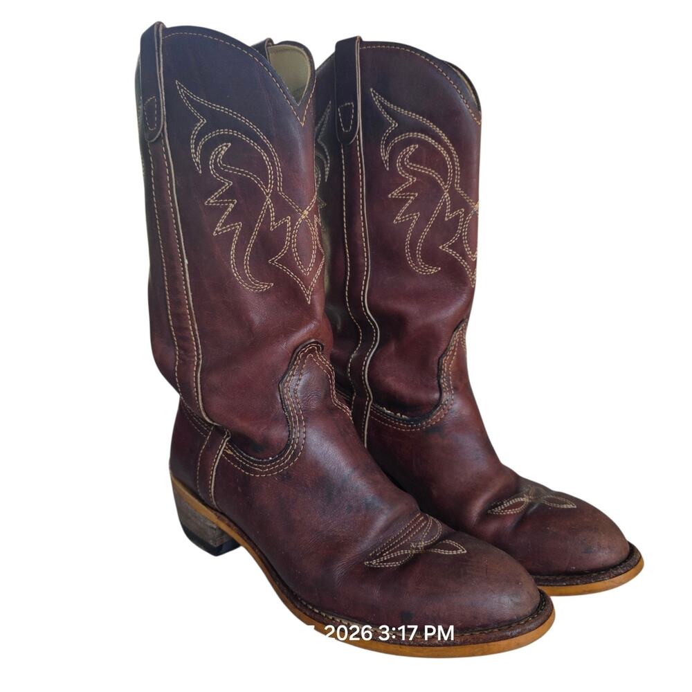 Western Cowboy Boots Women’s Size 7W Brown Leather USA Made Pull On